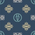Set line Electrical outlet, Processor with microcircuits CPU and Electric plug on seamless pattern. Vector Royalty Free Stock Photo