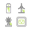 Set line Electrical outlet in the USA, Wind turbine, and Battery icon. Vector Royalty Free Stock Photo