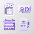 Set line Electrical panel, Car battery, outlet and Battery in pack icon. Vector