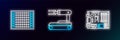 Set line Electronic computer components motherboard digital chip, Printed circuit PCB and Robot icon. Glowing neon