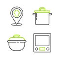 Set line Electronic scales, Cooking pot, and Chef hat with location icon. Vector