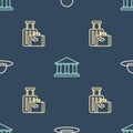 Set line Elegant women hat, Suitcase and Museum building on seamless pattern. Vector