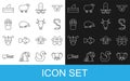 Set line Elephant, Butterfly, Worm, Octopus, Hedgehog, Paw print, Shark fin ocean wave and Cow head icon. Vector