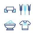 Set line Embroidered shirt, Varenyky in a bowl, Wheat and towel icon. Vector