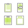 Set line Empty form, Report file document, Torn contract and Clipboard with checklist icon. Vector Royalty Free Stock Photo