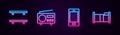 Set line Empty wooden shelves, Radio, Mobile phone and Bed. Glowing neon icon. Vector