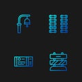 Set line End of railway tracks, Train ticket, station bell and Railway, railroad. Gradient color icons. Vector Royalty Free Stock Photo