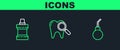 Set line Enema pear, Mouthwash plastic bottle and Dental search icon. Vector