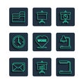 Set line Envelope, Chalkboard with diagram, Table lamp, Heart text work, Clock, Document folder and icon. Vector Royalty Free Stock Photo