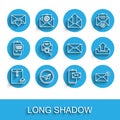 Set line Envelope and check mark, Paper plane, with Valentine heart, Mobile envelope, magnifying glass, Upload inbox and