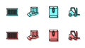 Set line Envelope, Container, Delivery hand with boxes and Forklift truck icon. Vector