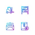 Set line Envelope with euro symbol, , Forklift truck and Warehouse. Gradient color icons. Vector