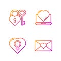 Set line Envelope with 8 March, Female gender in heart, Castle and key in heart shape and Online dating app and chat Royalty Free Stock Photo