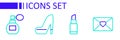 Set line Envelope with 8 March, Lipstick, Woman shoe and Perfume icon. Vector