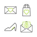 Set line Envelope with 8 March, Woman shoe, Shopping bag heart and icon. Vector