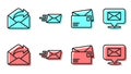 Set line Envelope, Outgoing mail, Express envelope and Speech bubble with envelope icon. Vector