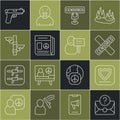 Set line Envelope with question mark, Shield, Censored stamp, News, Security camera, Pistol gun and Protest icon. Vector Royalty Free Stock Photo