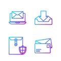 Set line Envelope, Envelope with shield, Laptop with envelope and Download inbox. Gradient color icons. Vector