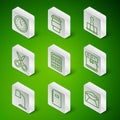 Set line Envelope, Spiral notebook, Clock, Calculator, Scissors, Coffee cup go, Table lamp and machine icon. Vector