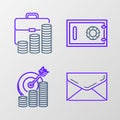 Set line Envelope, Target with coin symbol, Safe and Briefcase and icon. Vector