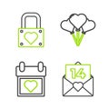 Set line Envelope with Valentine heart, Calendar, Balloons form of and Lock and icon. Vector