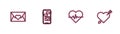 Set line Envelope with Valentine heart, Heart rate, Mobile and Amour and arrow icon. Vector