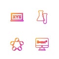 Set line Equation solution, Molecule, XYZ Coordinate system and Test tube and flask. Gradient color icons. Vector