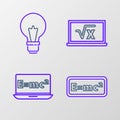 Set line Equation solution, Square root of x glyph and Light bulb with concept idea icon. Vector Royalty Free Stock Photo