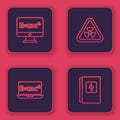 Set line Equation solution, , Triangle with radiation and Electrical panel. Blue square button. Vector Royalty Free Stock Photo