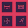 Set line Equation solution, Virus, XYZ Coordinate system and Telescope. Blue square button. Vector