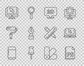 Set line Eraser or rubber, PS File document, Speech bubble with text 3D, Push pin, Computer monitor and cursor, Fountain Royalty Free Stock Photo