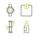 Set line Essential oil bottle, Bamboo, Bathroom scales and Smart watch icon. Vector Royalty Free Stock Photo