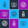 Set line Essential oil bottle, No meat and Leaf or leaves icon. Vector