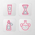 Set line Essential oil bottle, Sauna hourglass and Cream or lotion cosmetic tube icon. Vector