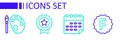 Set line Exam paper with incorrect answers, School timetable, Medal star and Paint brush palette icon. Vector