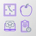 Set line Exam sheet with clock, Graduation cap on screen laptop, Apple and Clock icon. Vector