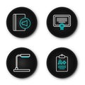 Set line Exam sheet with A plus grade, Table lamp, Certificate template and Audio book icon. Vector