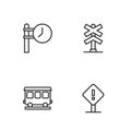 Set line Exclamation mark in square, Passenger train cars, Train station clock and Railroad crossing icon. Vector Royalty Free Stock Photo