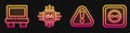 Set line Exclamation mark in triangle, Fuse, Processor with microcircuits CPU and Electrical outlet. Glowing neon icon