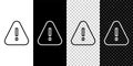 Set line Exclamation mark in triangle icon isolated on black and white background. Hazard warning sign, careful Royalty Free Stock Photo