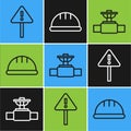Set line Exclamation mark in triangle, Industry pipe and valve and Worker safety helmet icon. Vector