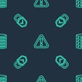 Set line Exclamation mark in triangle, Lock and check and Server, Data, Web Hosting on seamless pattern. Vector