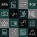 Set line Exclamation mark in triangle, Server, Data, Web Hosting, with shield, Security camera, Cloud computing lock Royalty Free Stock Photo
