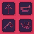 Set line Exclamation mark in triangle, Wooden axe, Cinema camera and Swiss army knife. Blue square button. Vector