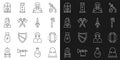 Set line Executioner mask, Diamond, Medieval axe, knight, Crossed medieval axes, Princess, castle gate and Dagger icon