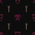 Set line Executioner mask, Garden pitchfork and Crossed medieval axes on seamless pattern. Vector