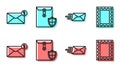 Set line Express envelope, Envelope, Envelope with shield and Postal stamp icon. Vector