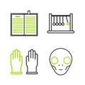 Set line Extraterrestrial alien face, Rubber gloves, Pendulum and Open science book icon. Vector