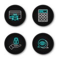 Set line Eye scan, Lock in hand, Password protection and System bug credit card icon. Vector