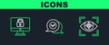 Set line Eye scan, Lock on monitor and Check mark in speech bubble icon. Vector